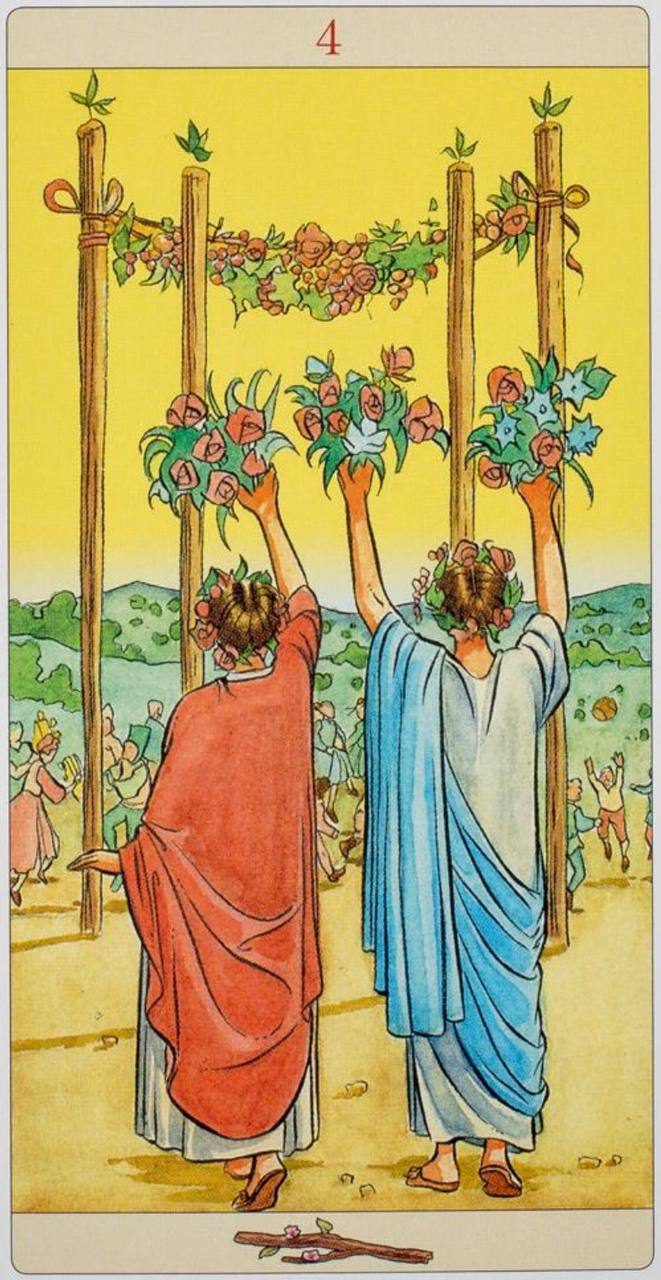 Четверка жезлов райдер уэйт. Четверка жезлов таро уэйта. 4 жезлов таро уэйта. Четверка жезлов таро. Карта таро 4 жезлов.